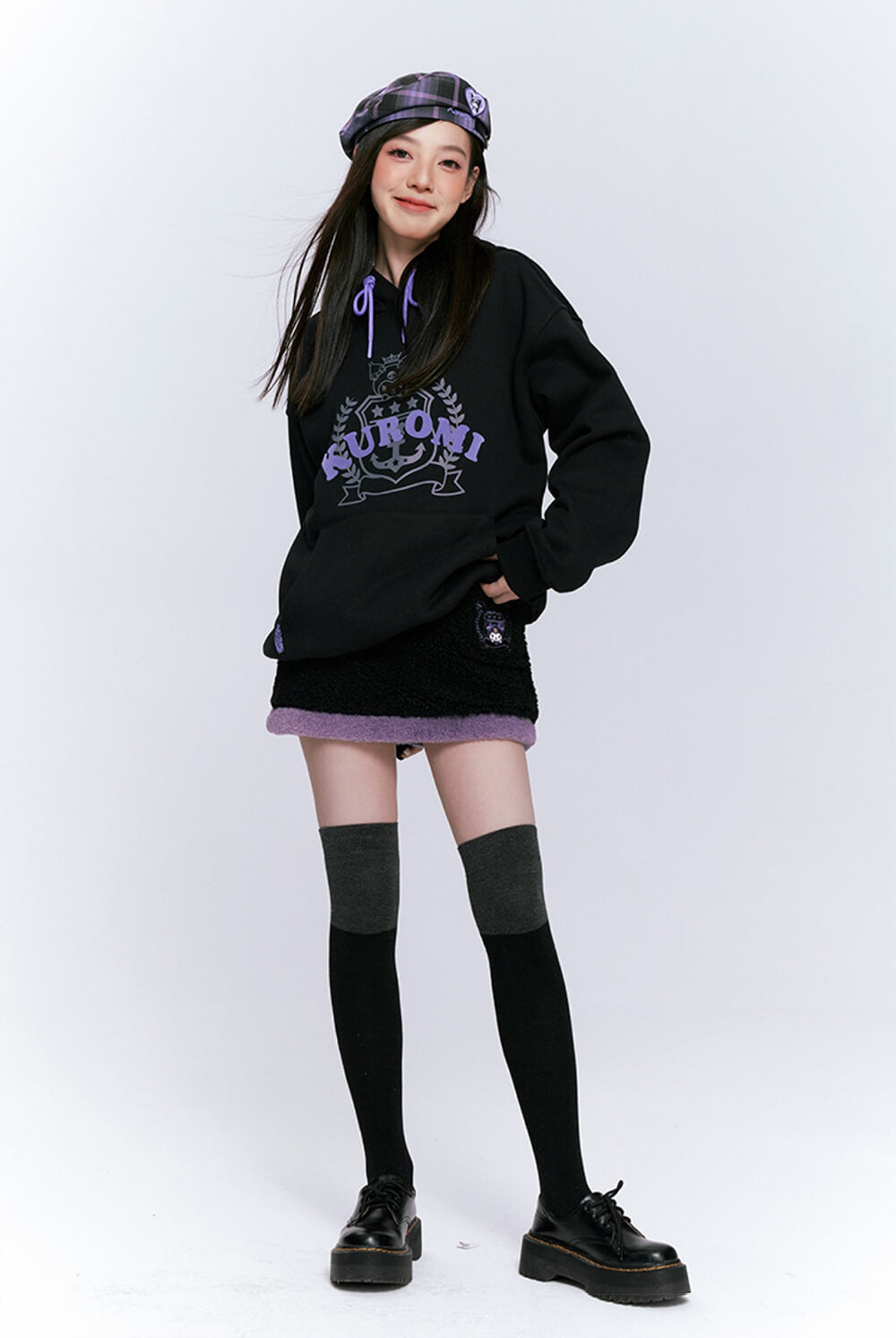 sanrio-authorized-kuromi-black-and-purple-sherpa-mini-skirt-outfit
