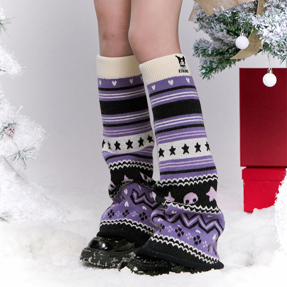 sanrio-authorized-kuromi-embroidery-black-purple-knit-leg-warmers