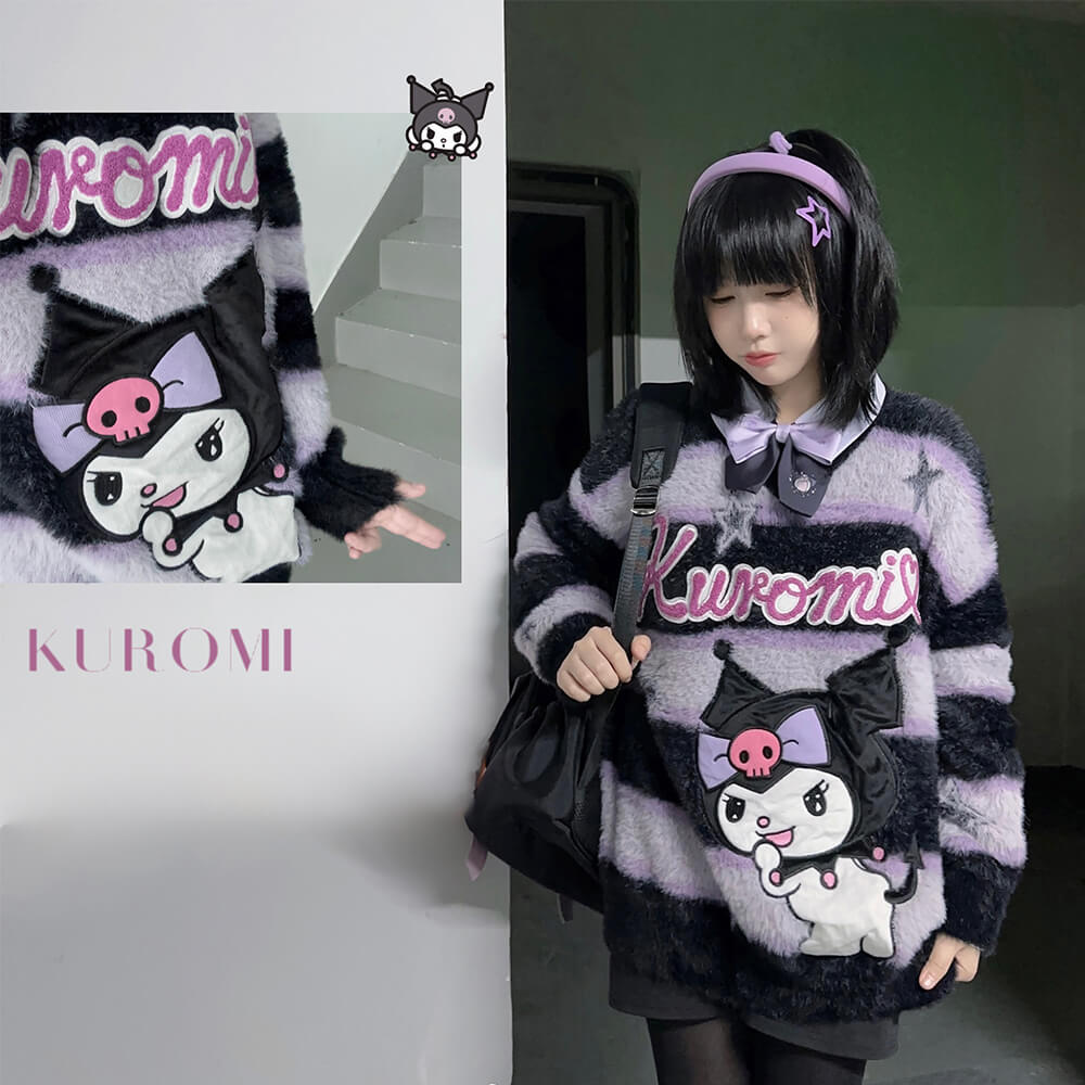 sanrio-authorized-kuromi-star-graphic-japanese-style-fuzzy-sweater