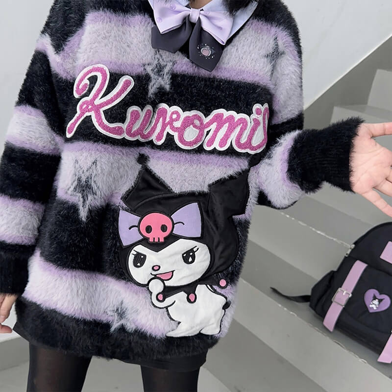 sanrio-authorized-kuromi-star-v-neck-black-purple-striped-fuzzy-sweater