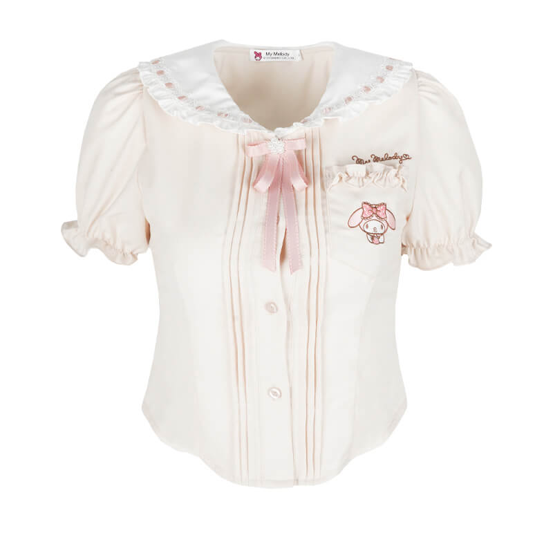 sanrio-authorized-my-melody-embroidery-lace-peter-pan-collar-puff-sleeve-blouse-with-ribbon-bow-tie-in-beige
