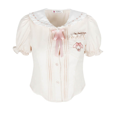 sanrio-authorized-my-melody-embroidery-lace-peter-pan-collar-puff-sleeve-blouse-with-ribbon-bow-tie-in-beige