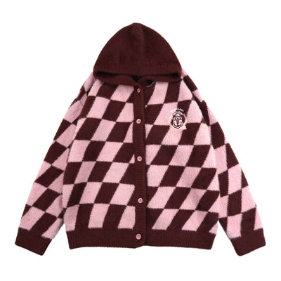 sanrio-authorized-my-melody-pink-and-brown-argyle-pattern-loose-hooded-cardigan-sweater-for-women