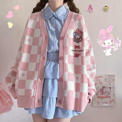 sanrio-authorized-my-melody-pink-checkered-pattern-cardigan-sweater
