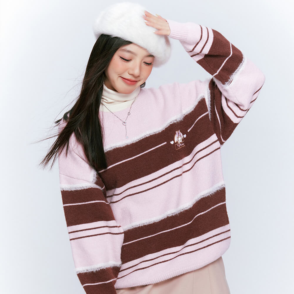 sanrio-authorized-my-melody-round-neck-frop-shoulder-pink-and-brown-striped-loose-knit-jumper