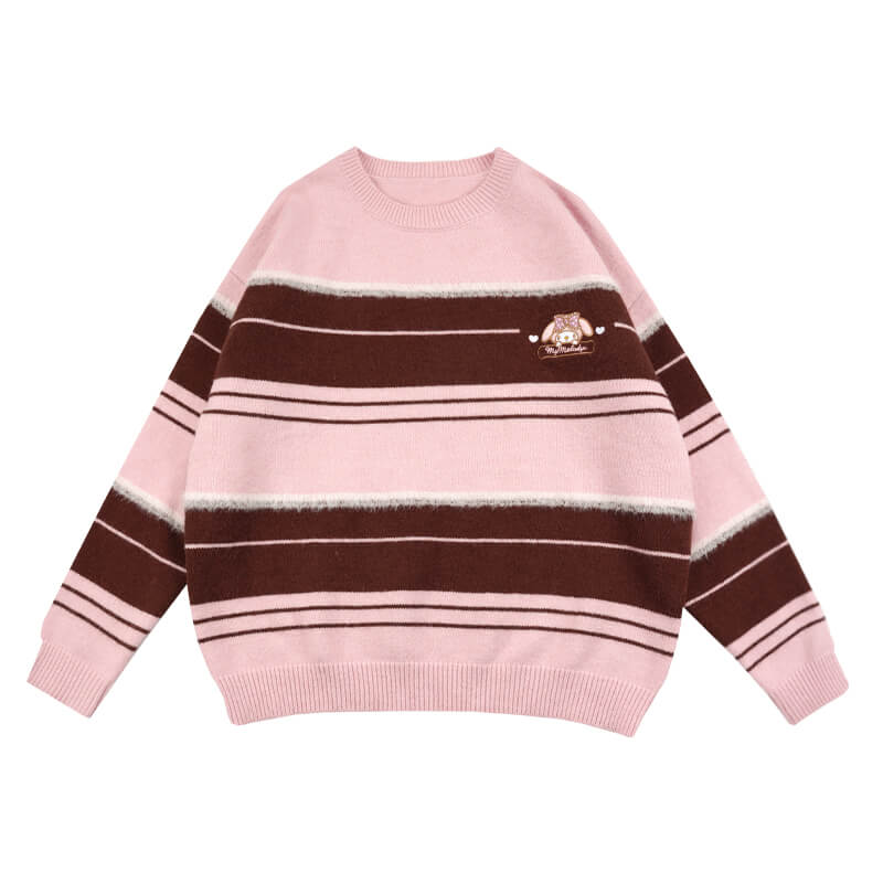 sanrio-authorized-my-melody-round-neck-off-shoulder-pink-and-brown-striped-loose-sweater