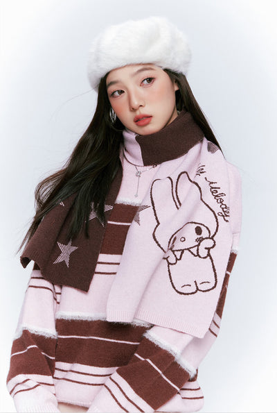 sanrio-authorized-my-melody-round-neck-pink-and-brown-striped-loose-sweater