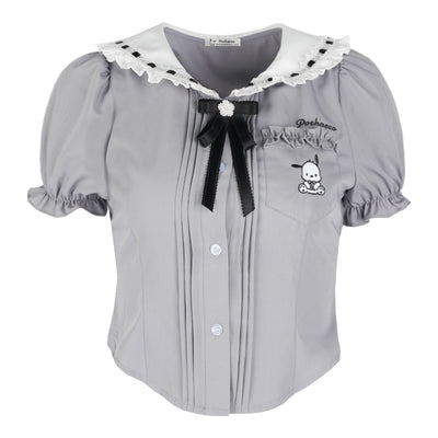 sanrio-authorized-pochacco-embroidery-lace-peter-pan-collar-puff-sleeve-blouse-with-bow-tie-in-grey