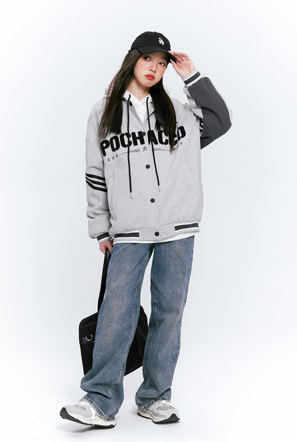 sanrio-authorized-pochacco-embroidery-striped-trim-grey-varsity-jacket-for-women