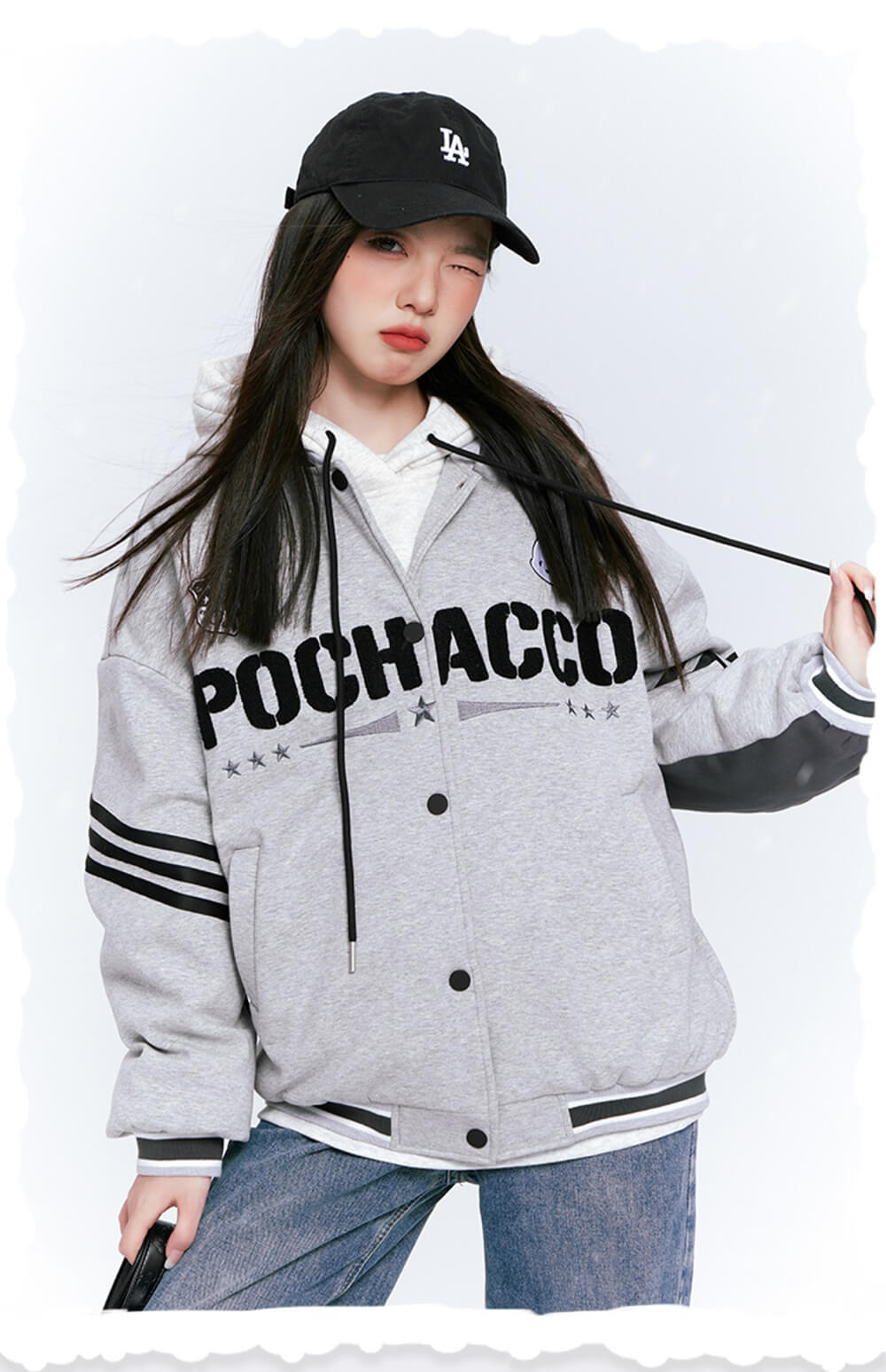 sanrio-authorized-pochacco-embroidery-striped-trim-varsity-jacket-in-grey