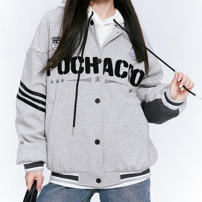 sanrio-authorized-pochacco-striped-trim-grey-varsity-jacket-for-women