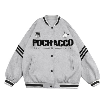 sanrio-authorized-pochacco-striped-trim-varsity-jacket-for-women-in-grey