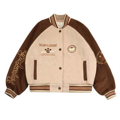 sanrio-authorized-pompompurin-brown-colourblock-striped-trim-varsity-jacket