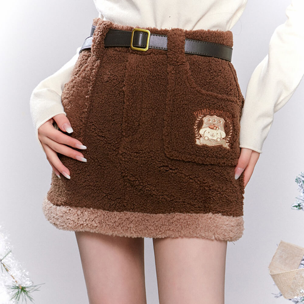 sanrio-authorized-pompompurin-brown-sherpa-mini-skirt