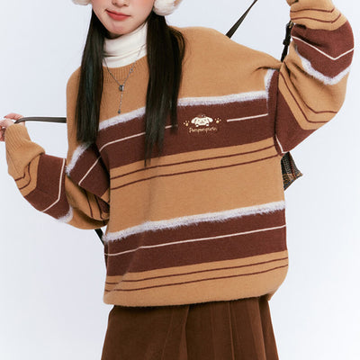 sanrio-authorized-pompompurin-round-neck-brown-striped-loose-sweater-pullover