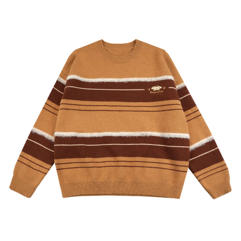 sanrio-authorized-pompompurin-round-neck-off-shoulder-brown-striped-loose-sweater