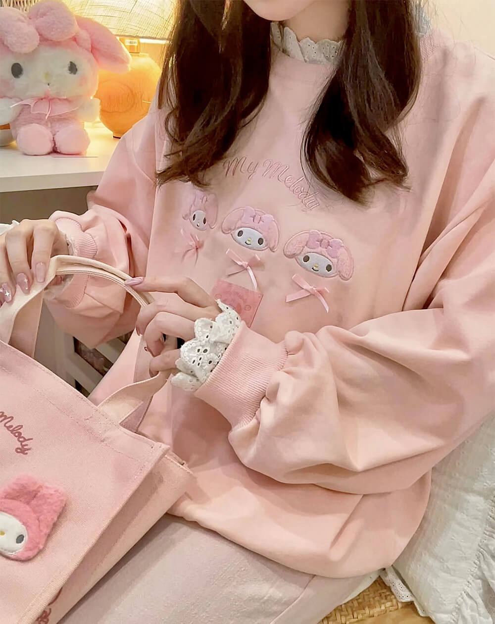 sanrio-authorized-sweet-my-melody-faces-lace-round-neck-pink-sweatshirt