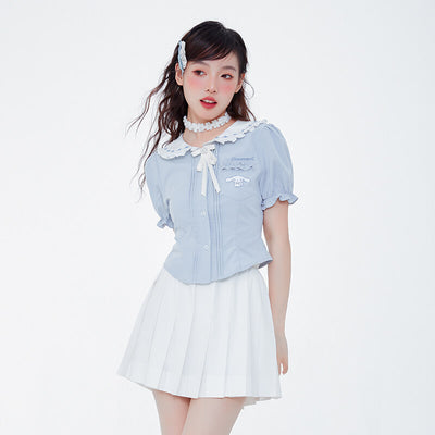 sanrio-cinnamoroll-girly-lace-peter-pan-collar-puff-sleeve-blouse-matched-with-white-pleated-skirt