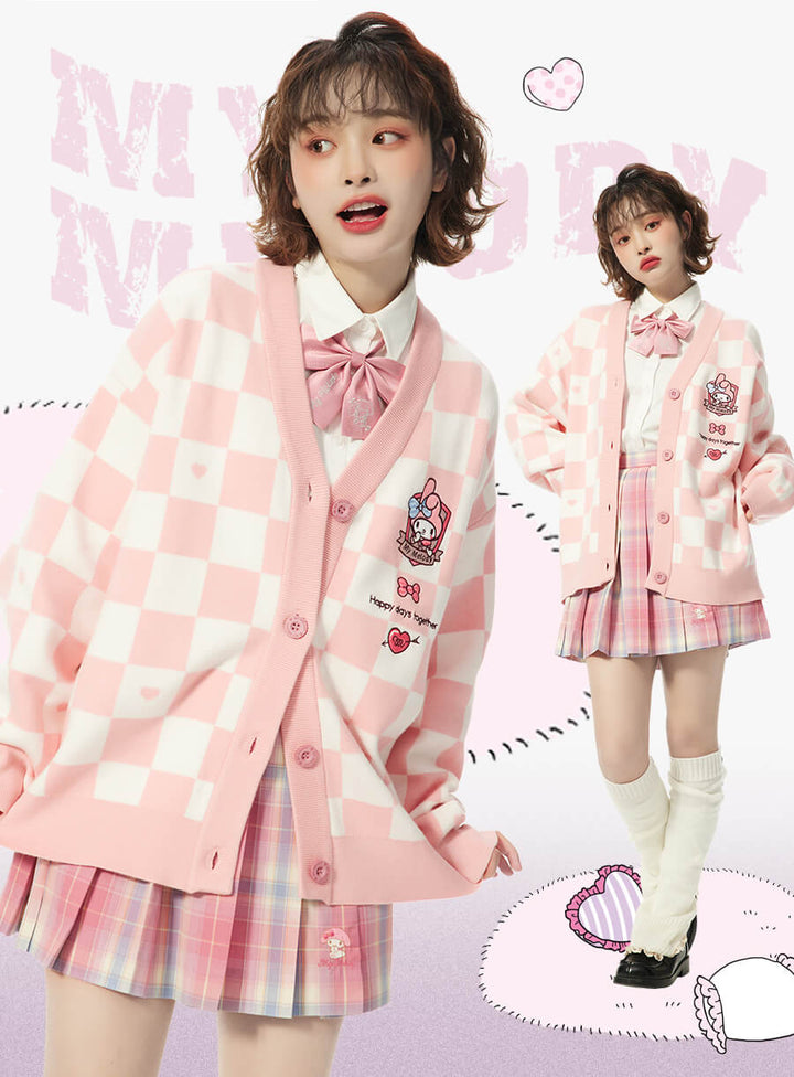 mideal 【plaid pattern cardigan PINK】 My Melody Pink Checkered Cardigan Sweater – KawaiiEnvy