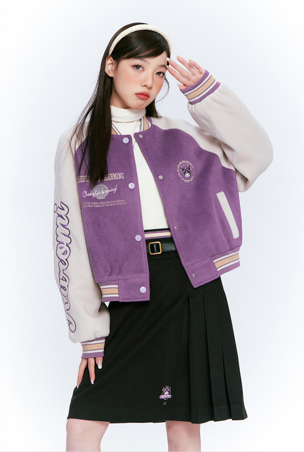 sanrio-kawaii-kuromi-college-style-look-purple-varsity-jacket-and-black-pleated-skirt-outfit