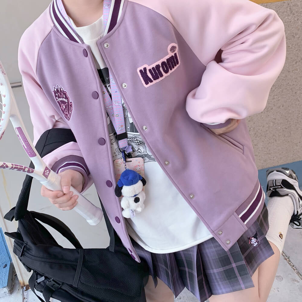 sanrio-kuromi-badge-patchwork-striped-varsity-jacket-purple