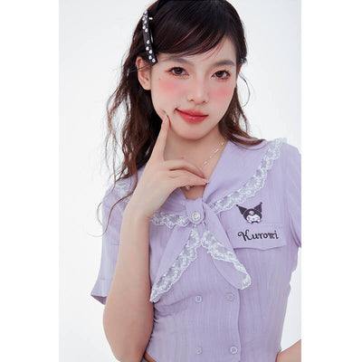 sanrio-kuromi-lace-trim-sailor-collar-short-sleeve-double-breasted-blouse-in-purple