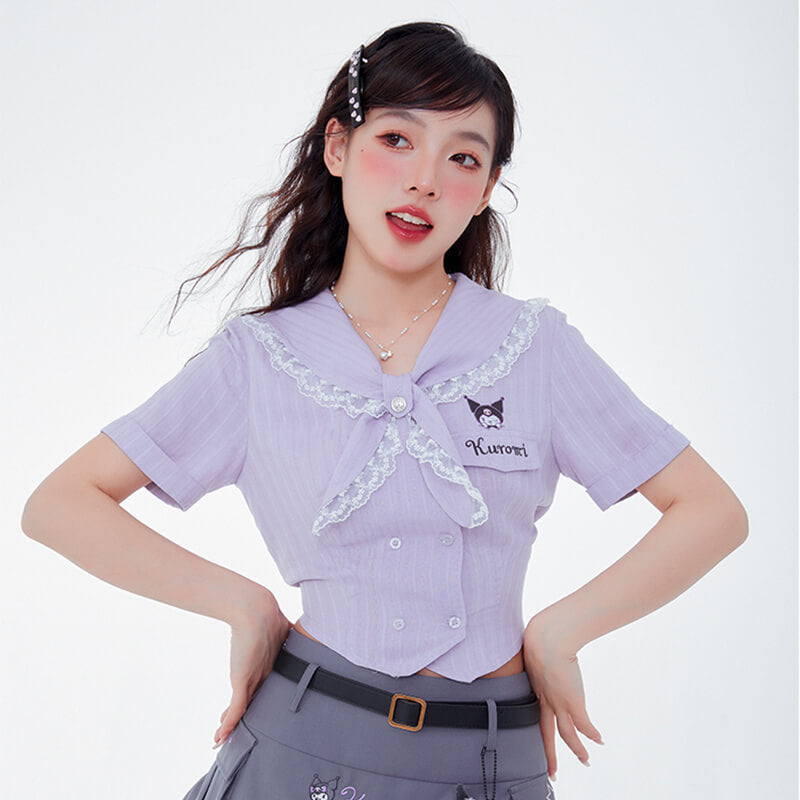 sanrio-kuromi-lace-trim-sailor-collar-short-sleeve-double-breasted-blouse