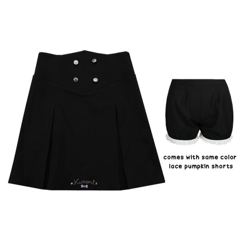 sanrio-kuromi-letters-bow-embroidery-high-waist-skirt-with-lace-trim-pumpkin-shorts-in-black