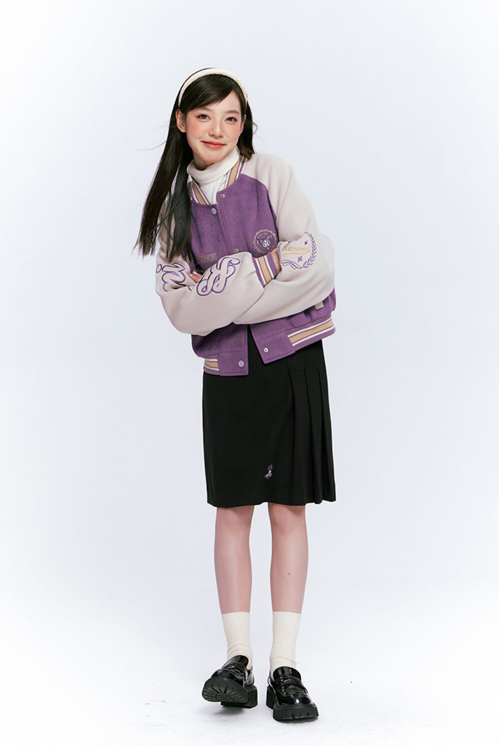 sanrio-kuromi-purple-colorblock-varsity-jacket-and-black-pleated-skirt-outfit