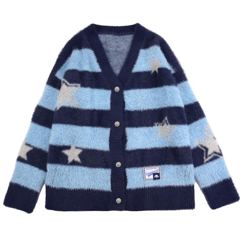 sanrio-licensed-cinnamoroll-star-striped-patchwork-pattern-fuzzy-sweater-cardigan