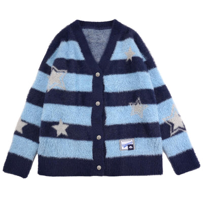 sanrio-licensed-cinnamoroll-star-striped-patchwork-pattern-fuzzy-sweater-cardigan