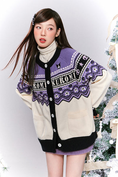 sanrio-licensed-kuromi-embroidery-black-and-purple-round-neck-loose-knit-cardigan-sweater
