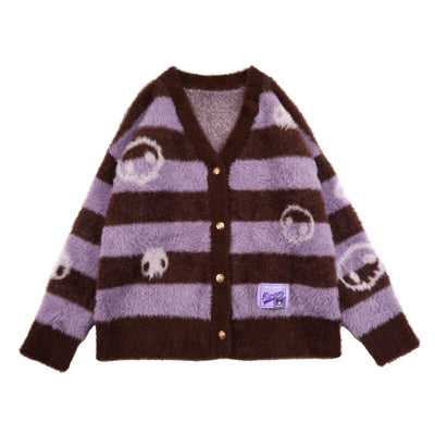 sanrio-licensed-kuromi-is-always-in-style-skull-graphic-striped-pattern-v-neck-sweater-cardigan