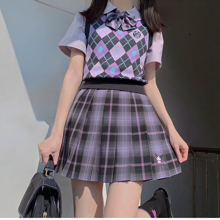 sanrio-licensed-kuromi-jk-high-waisted-pleated-plaid-skirt