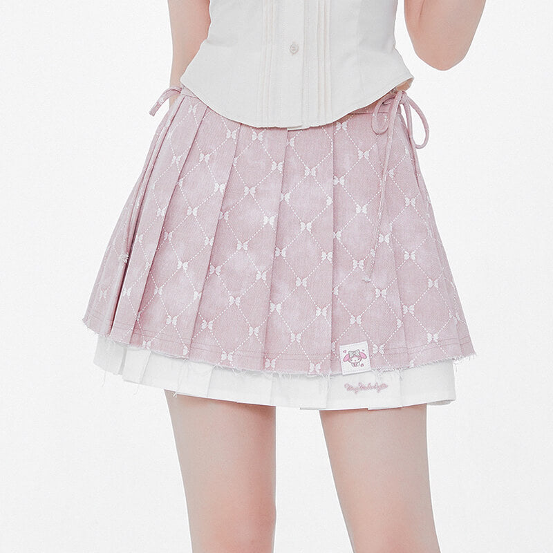 sanrio-licensed-my-melody-bows-pattern-layered-lace-up-pleated-skirt