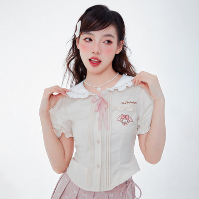 sanrio-licensed-my-melody-embroidery-lace-peter-pan-collar-puff-sleeve-blouse-with-bow-tie-in-beige