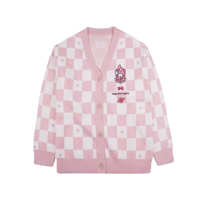 sanrio-licensed-my-melody-pink-checkered-pattern-cardigan-sweater