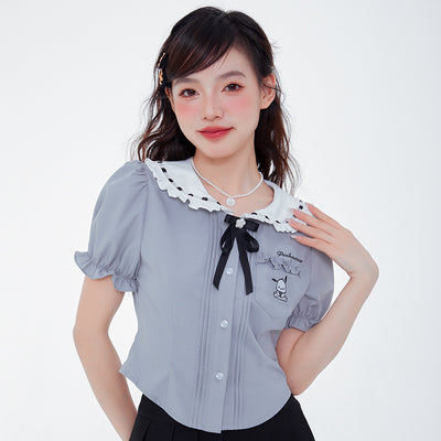 sanrio-licensed-pochacco-embroidery-lace-peter-pan-collar-puff-sleeve-blouse-with-bow-tie