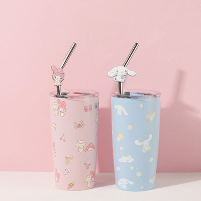sanrio-my-melody-and-cinnamoroll-floral-print-thermos-cups-with-lid-and-straw