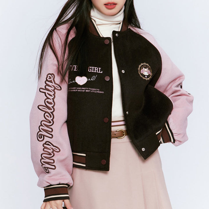 My Melody Pink And Brown Colourblock Striped Trim Varsity Jacket