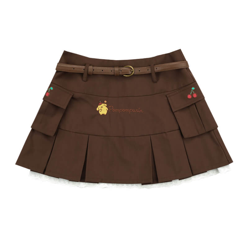 sanrio-pompompurin-cherry-embroidery-lace-trim-brown-mini-skirt