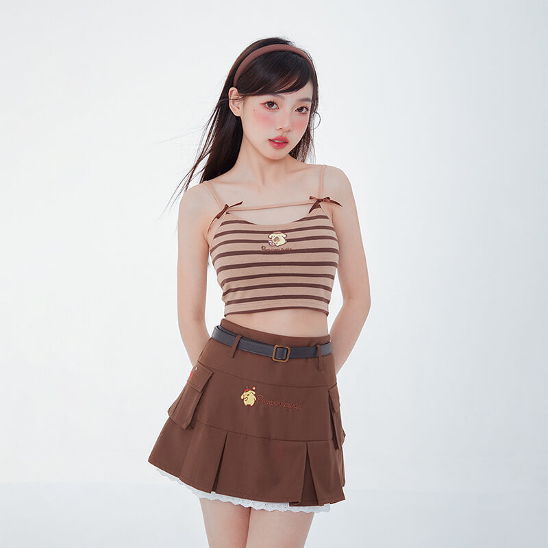 sanrio-pompompurin-embroidery-khaki-and-brown-striped-spaghetti-strap-sleeveless-top-and-brown-mini-skirt