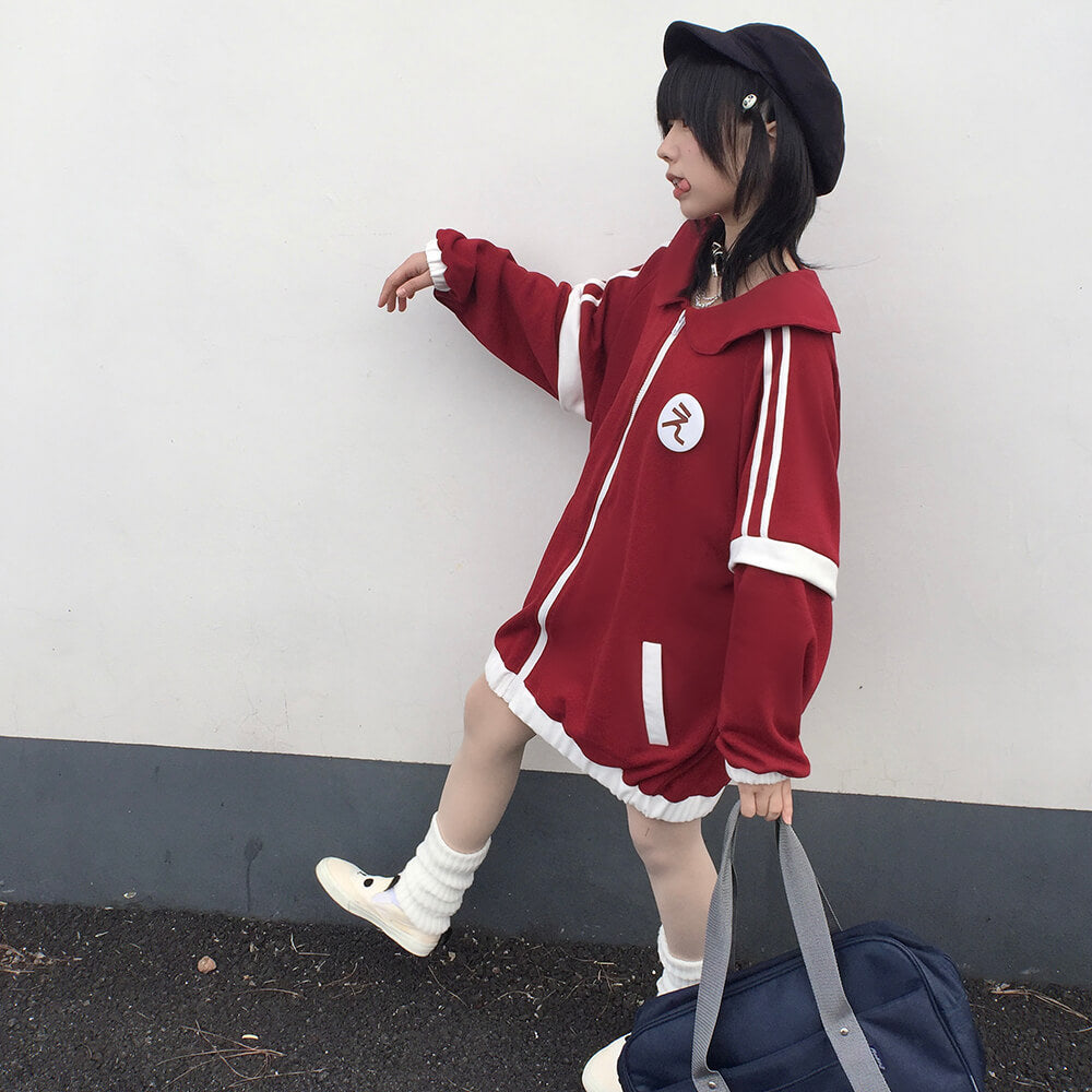 Japanese Preppy Style Oversized Fleece Sports Jacket – KawaiiEnvy