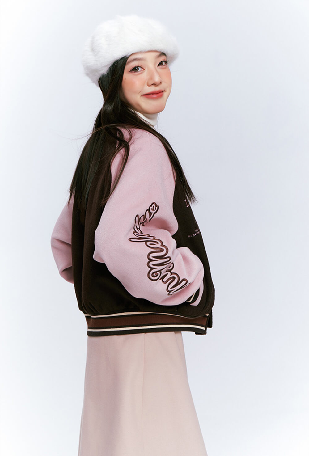 side-display-of-my-melody-pink-and-brown-colourblock-striped-trim-varsity-jacket-vintage