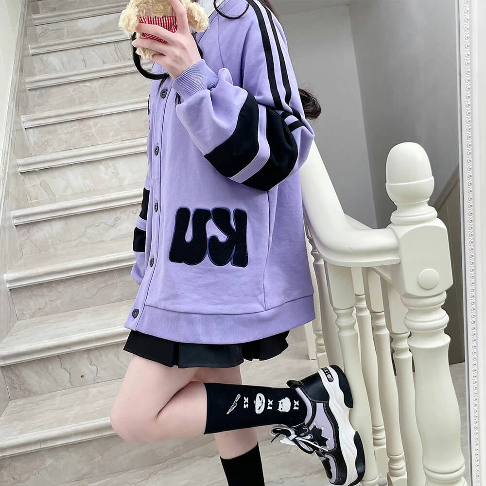 side-display-of-the-kuromi-embroidery-jersey-varsity-jacket-in-purple