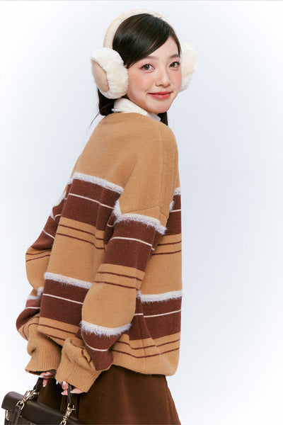 side-display-of-the-pompompurin-round-neck-brown-striped-loose-sweater-pullover