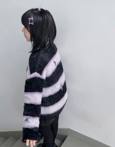 side-display-of-the-sanrio-authorized-kuromi-star-v-neck-black-purple-striped-fuzzy-sweater
