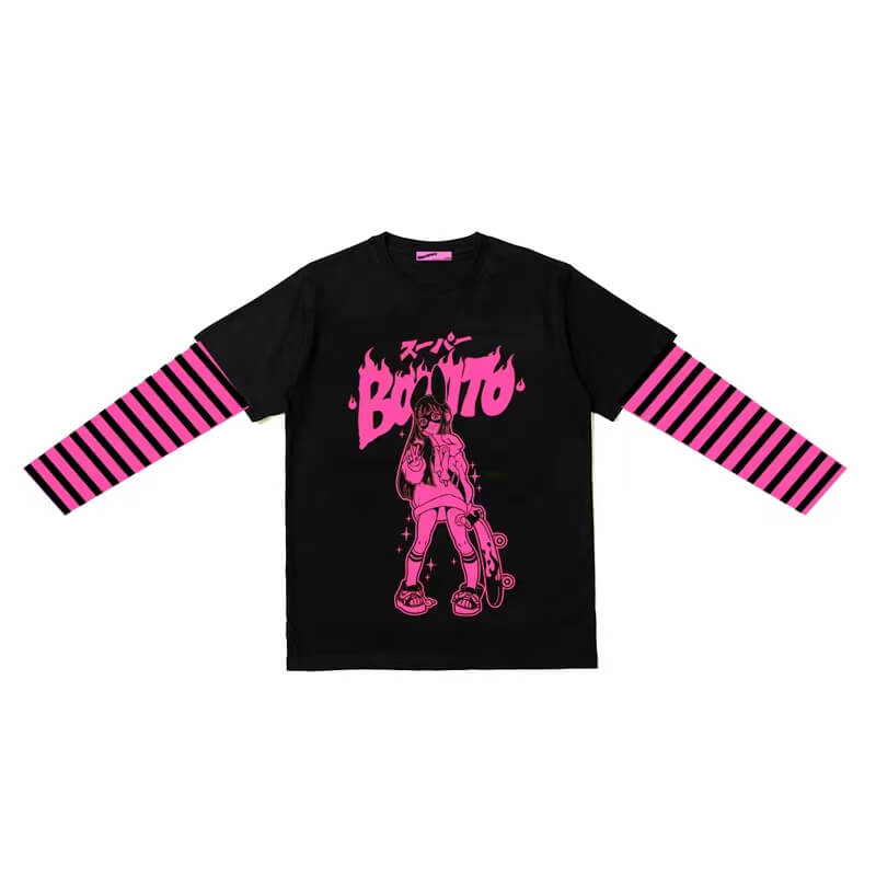 skateboard-girl-anime-graphic-print-striped-sleeve-combo-tee-in-black-pink