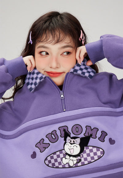 smiley-kuromi-half-zip-sweatshirt-with-fluffy-checked-pattern-collar-in-purple