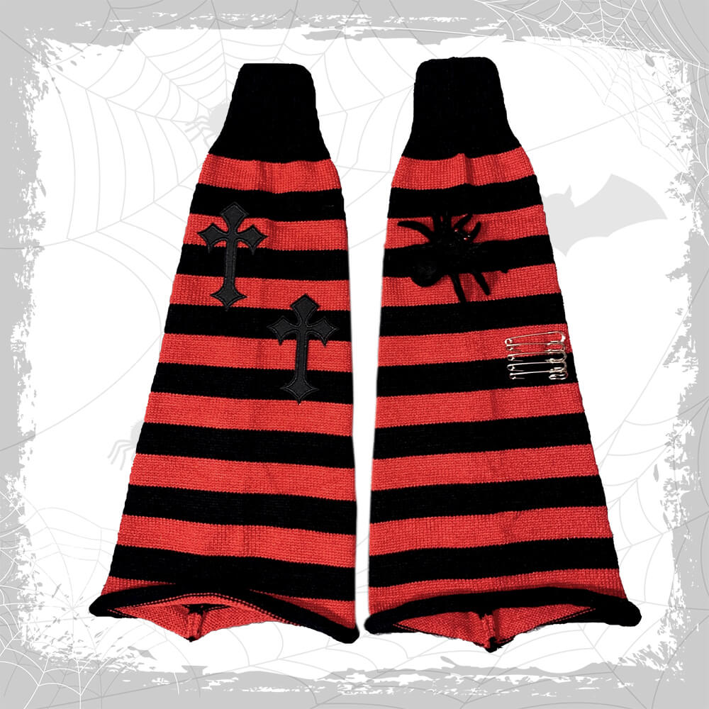 spider-and-cross-and-safety-pins-decor-striped-flared-knit-leg-warmers-in-black-red